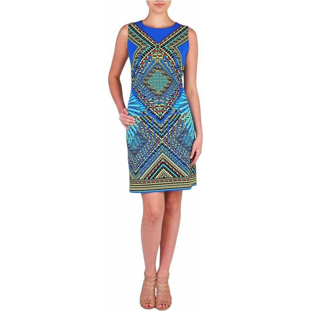 Peter Nygard Sz 6 Royal Blue Yellow Lined Sloane Sheath Kaleidescape Midi Dress